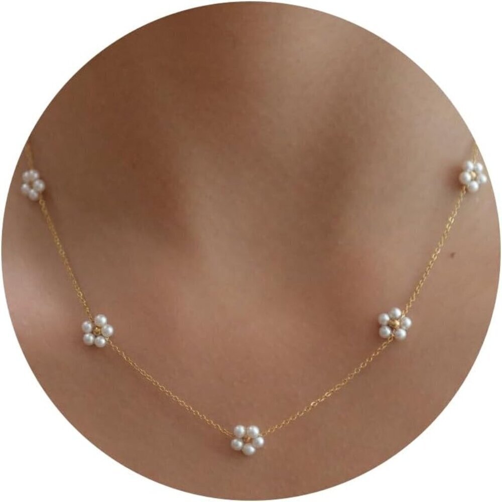 ⚡ Pearl Necklace for Women 14K Gold plated White Gold-plated Dainty Flower